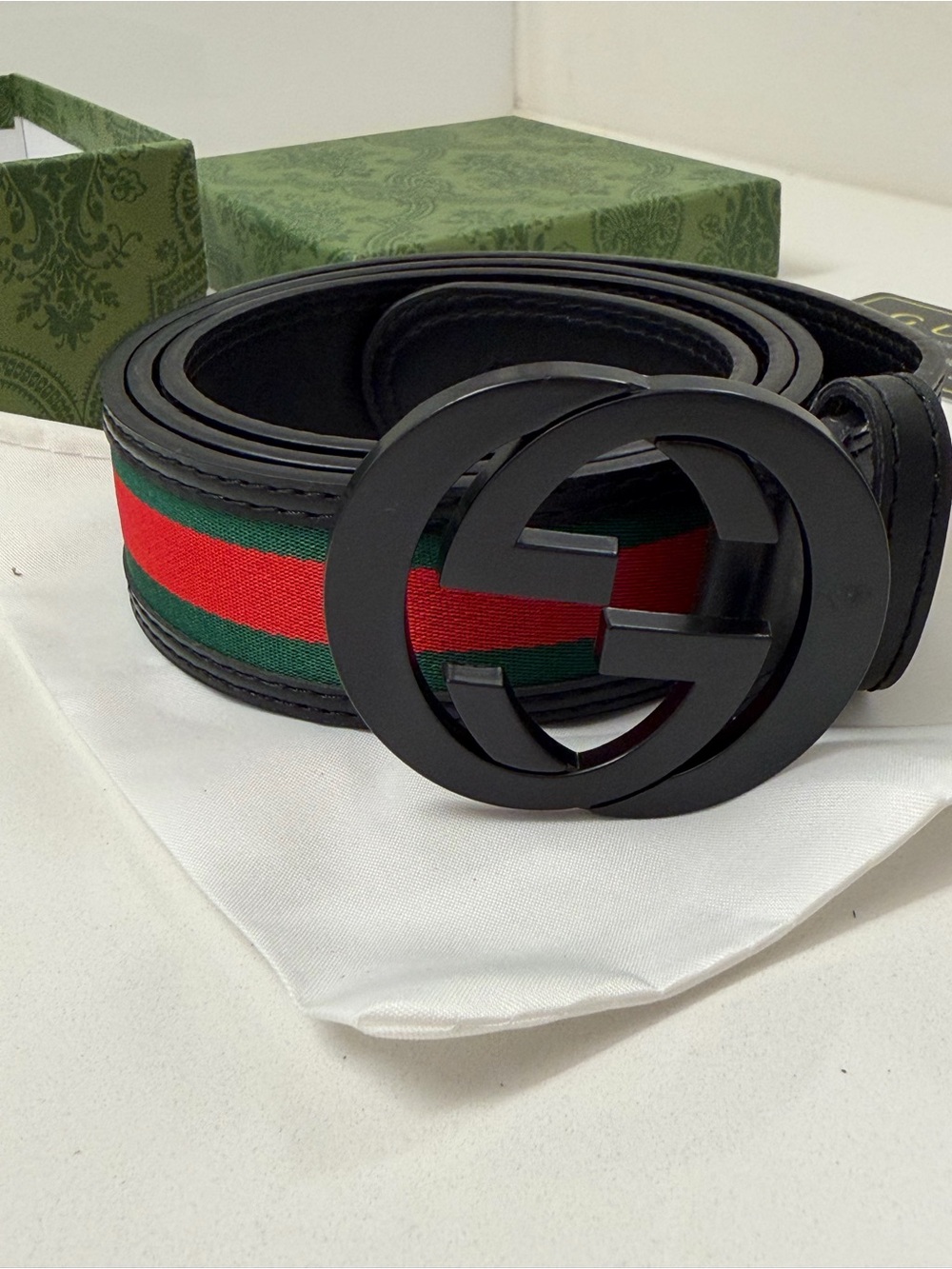 Gucci Interlocking G Web Belt Black Leather Green Red 90/36